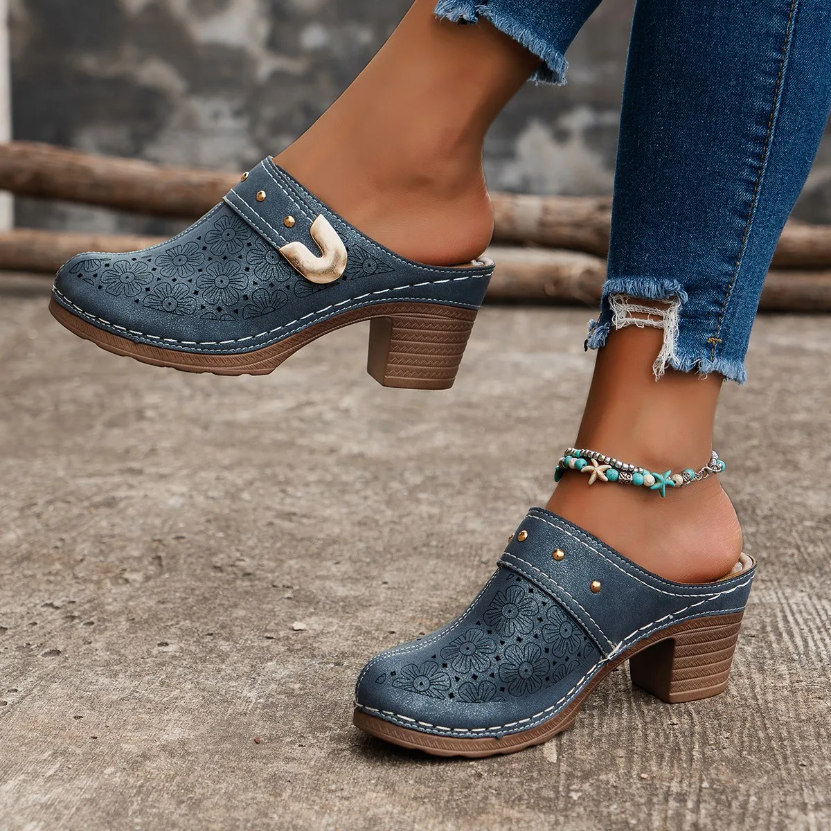 Women Sandals Slippers Platform Chunky Heels Retro Round Mules Thick Sole Height Increase Summer