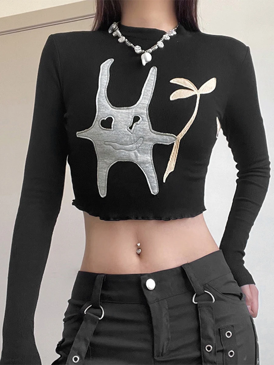 

New Fashion Women T-Shirt Long Sleeve Crew Neck Abstract Patchwork Ladies Crop Top Streetwear Hot Sale S M L