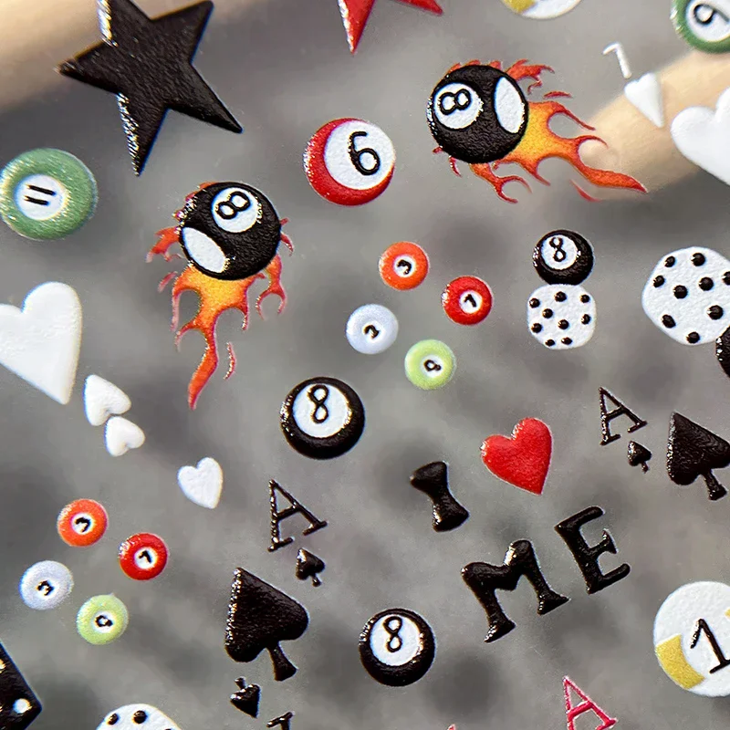 3D Embossed Cherry Nail Art Stickers Self Adhesive Pool & Dice Design Nail Art Decals Manicure DIY Accessories