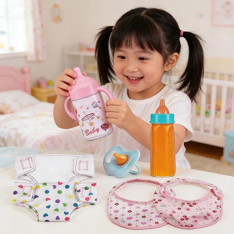 Baby Doll Accessories Set 7Pcs Feeding Caring Set Disappearing Bottles Pacifier Diapers Bibs Doll Milk Bottles Pretend Play Gift - 5