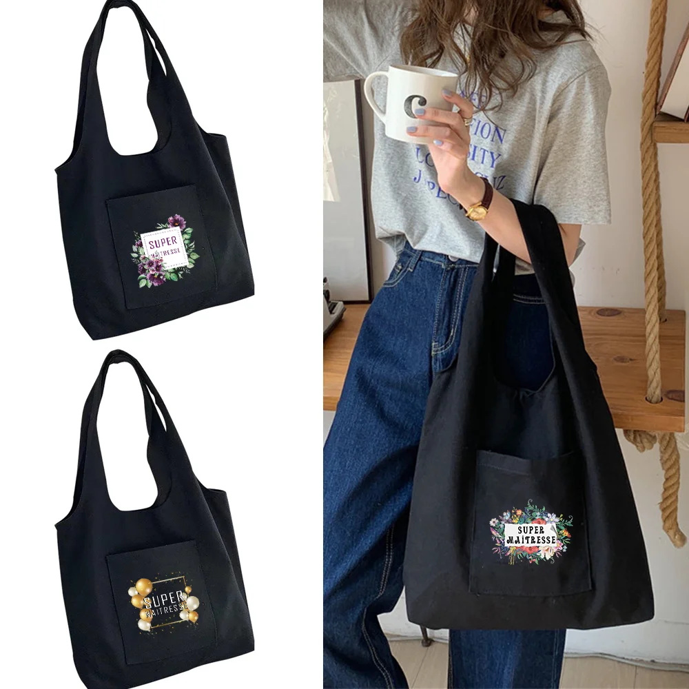 Women Canvas Shoulder Bag Designer Vest Tote Bags Maitresse Printing Casual Handbag Large Capacity Reusable Shopping Beach Bag