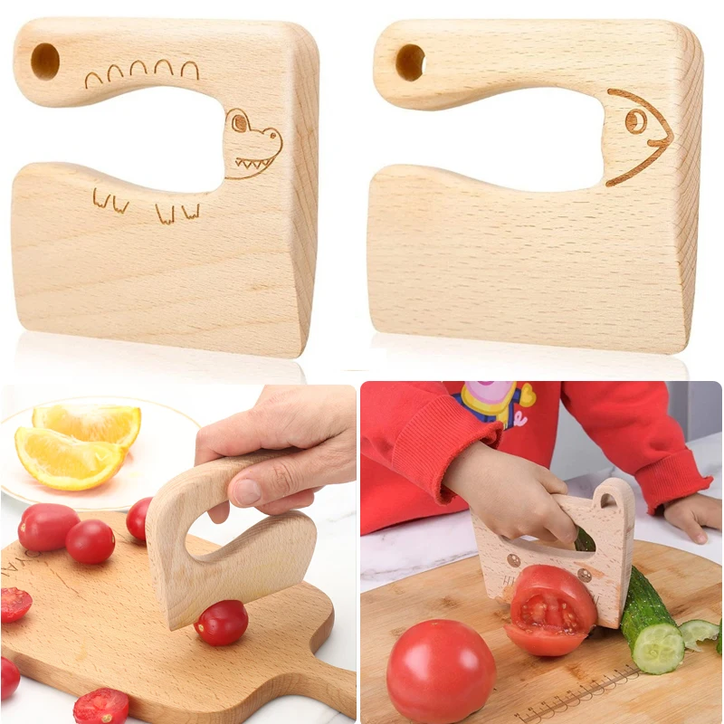 Safe Kitchen Cutting Toy Kids Wooden Cooking CutterFish-Shaped Children's Kitchen Tools Cute Vegetables Fruits Knife Safety for Educational Kitchen Pretend Toys