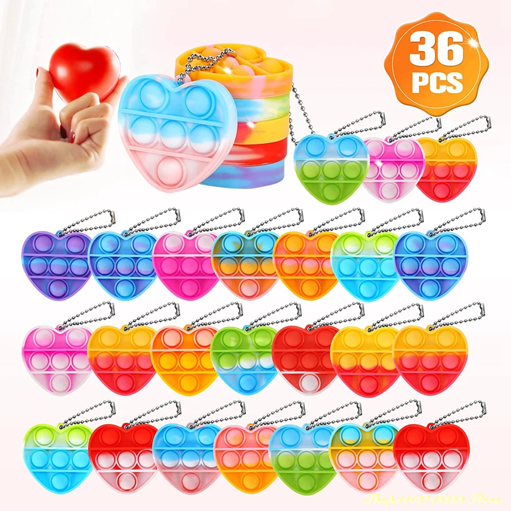 36Pcs Mini Heart Pop Fidget Toys Pack Bomboniere Pop Bubble Fidget Bulk Giocattolo Sensoriale Portachiavi Wrap Antistress Anti-Ansia