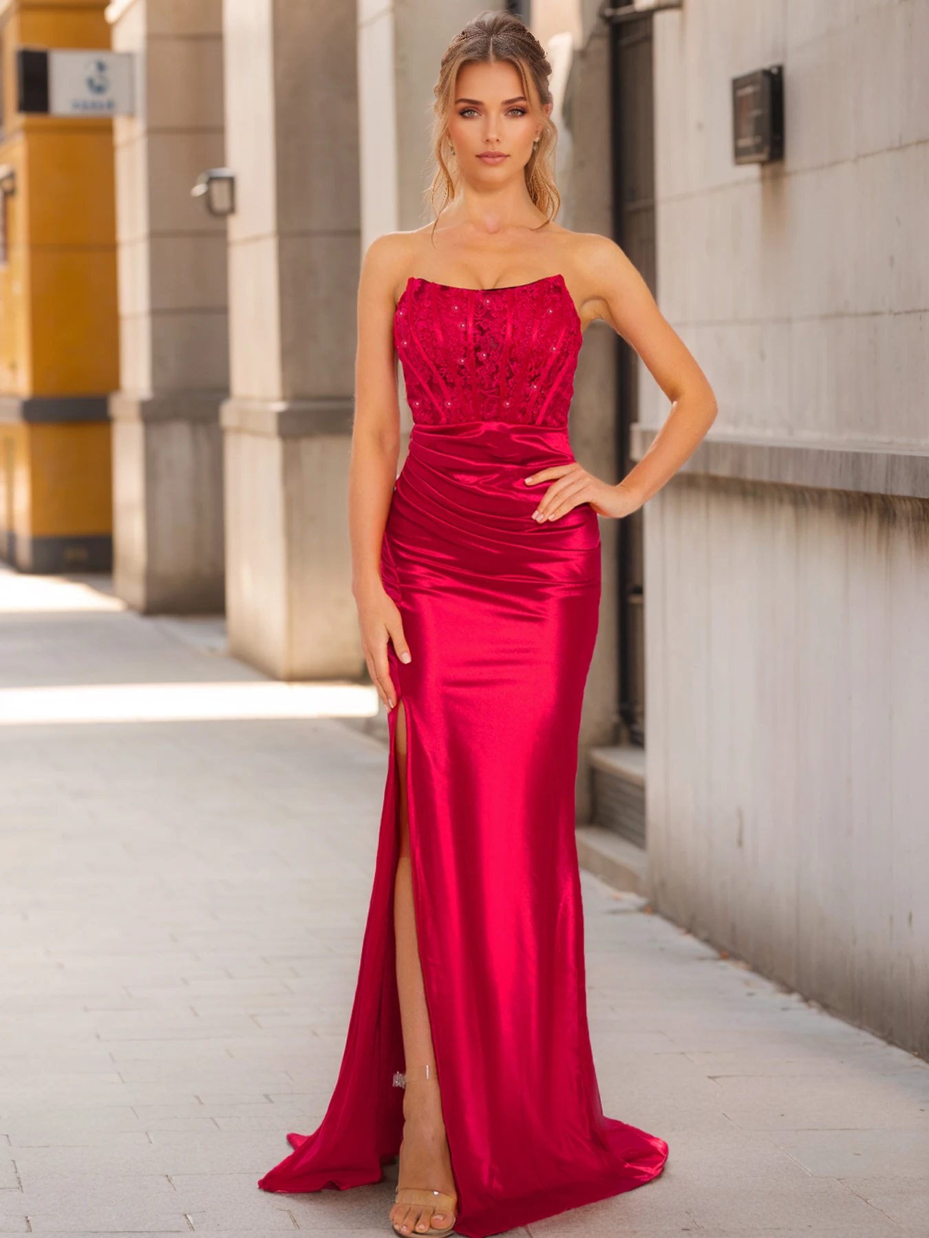 Romagic Sexy Strapless Pleated Satin Red Cocktail Prom Dress Long Mermaid Backless Women Maxi Slim Homecoming Party Dresses