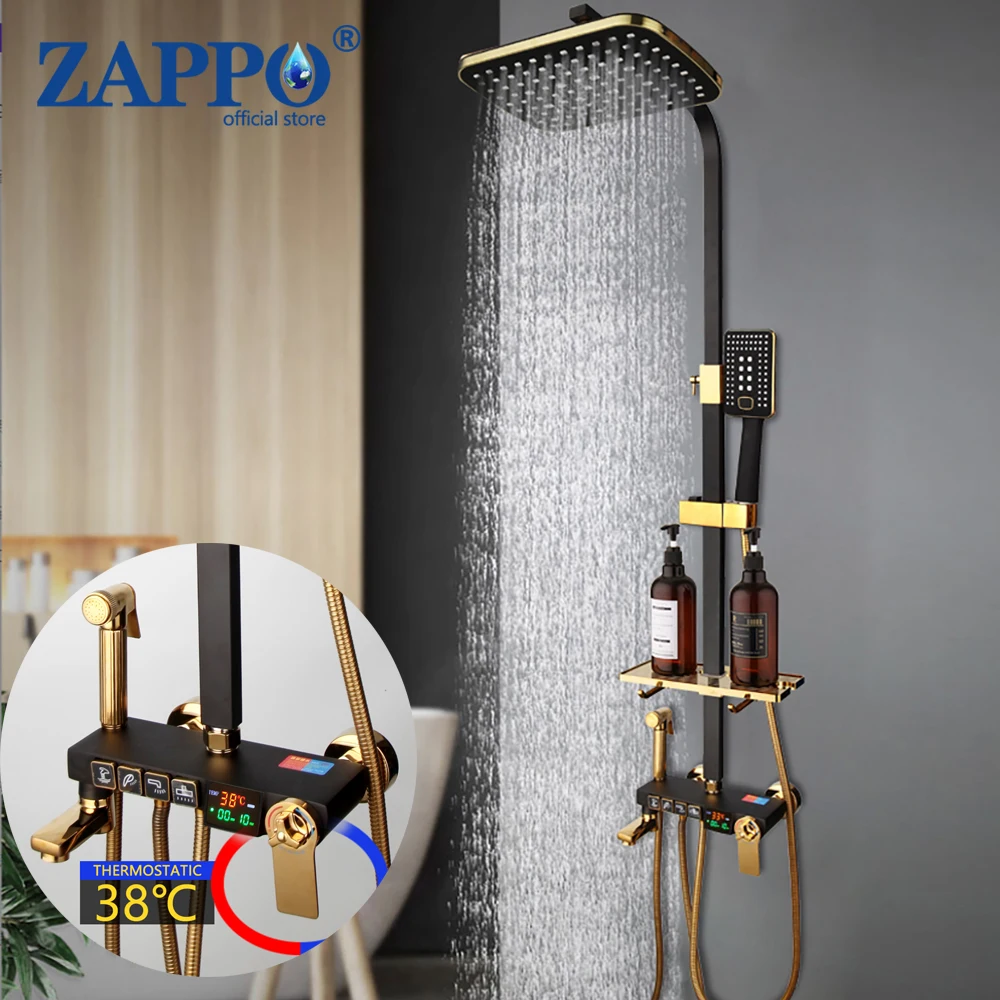 ZAPPO-Black-Gold-LED-Digital-Shower-Set-Wall-Mounted-Bathroom ...