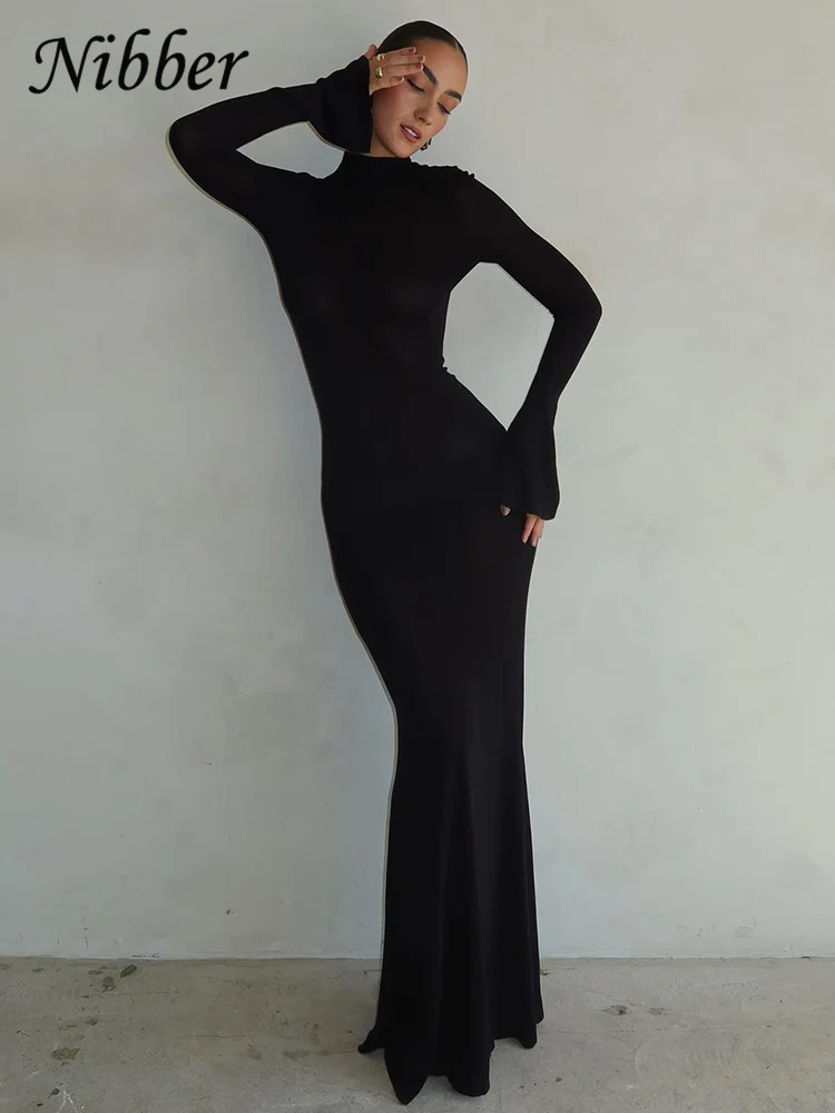 Nibber Classic Solid Backless Maxi Dress Women Elegant O-neck Evening Long Sleeve Dresses Robe Slim Female High Street Bodycon
