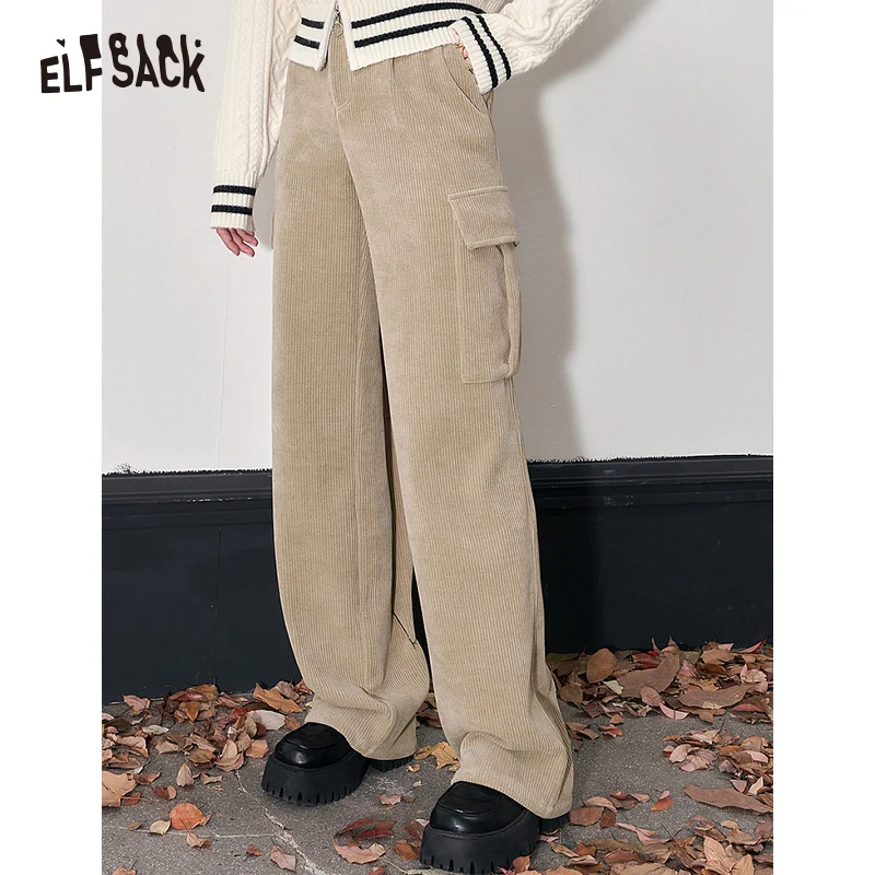 

ELFSACK Kpop Corduroy Cargo Pants Women 2023 Winter Straught Cool Trousers