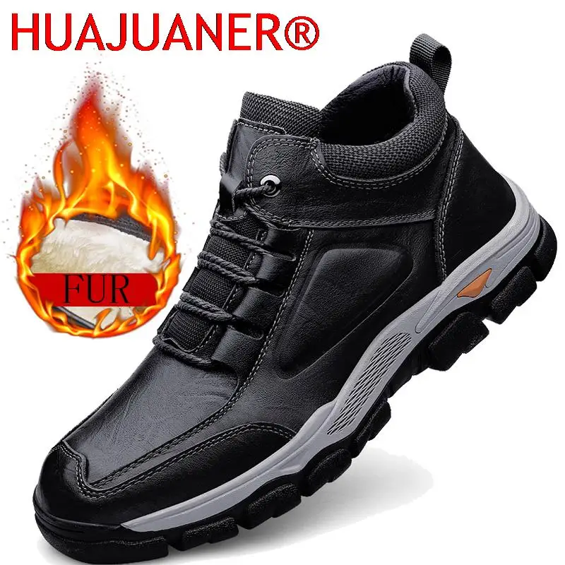 

Зимние мужские ботинки, уличные походные ботинки, кожаные защитные ботинки на толстой подошве, уличная дорожная обувь на шнуровке, модные плюшевые ботинки с мехом
