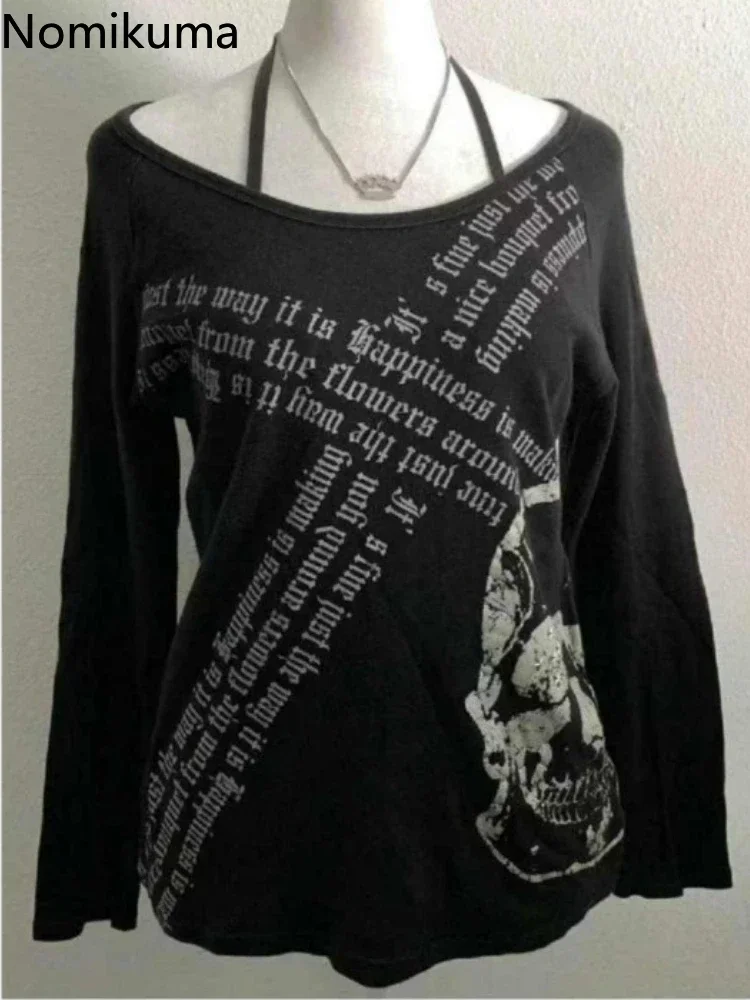 Harajuku Skull Print Slash Neck Women's Tee - Y2k Japanese Streetwear Punk Fashion
