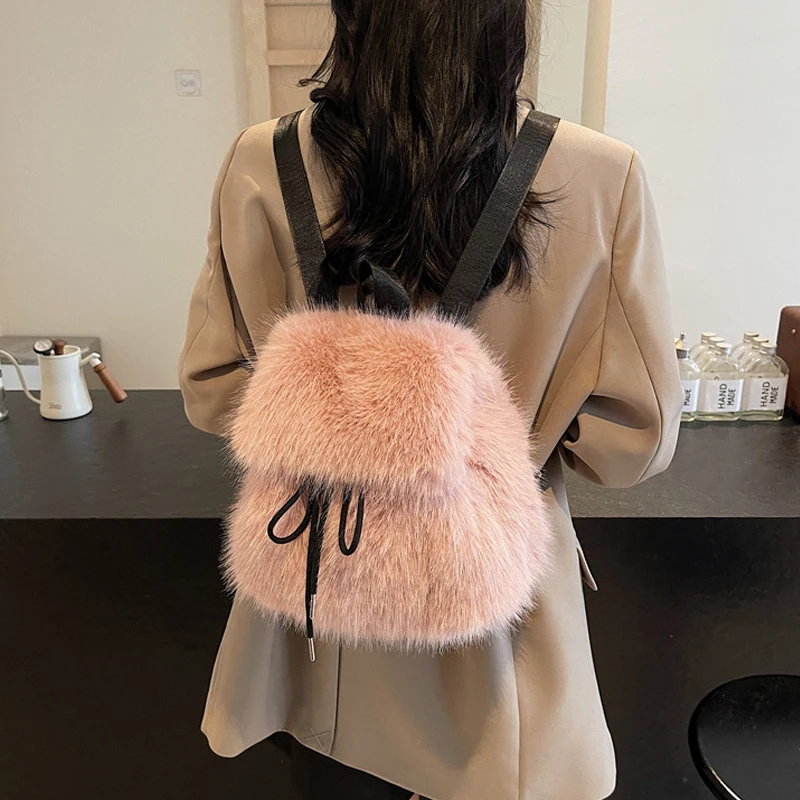 Winter Soft Plush Ladies Schoolbag Solid Color Female Furry Shoulder Bags Handbags Fashion Luxury Fake Fur Women's Backpack
