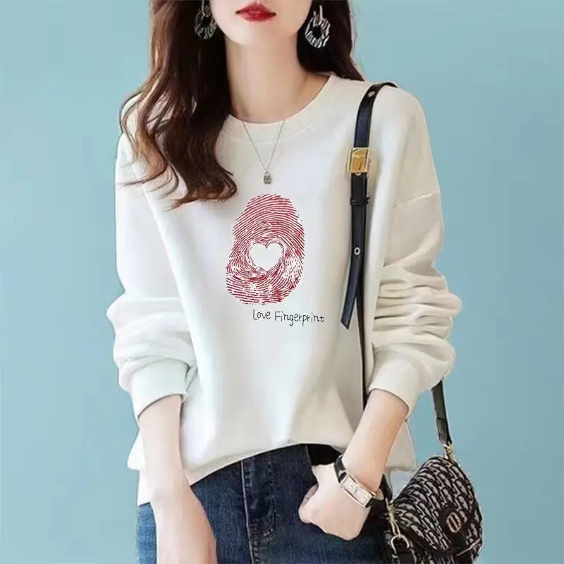 Women's Autumn and Winter New Fashion Elegant Round Neck Pullover Print Panel Casual Versatile Long Sleeve Loose Sweatshirts