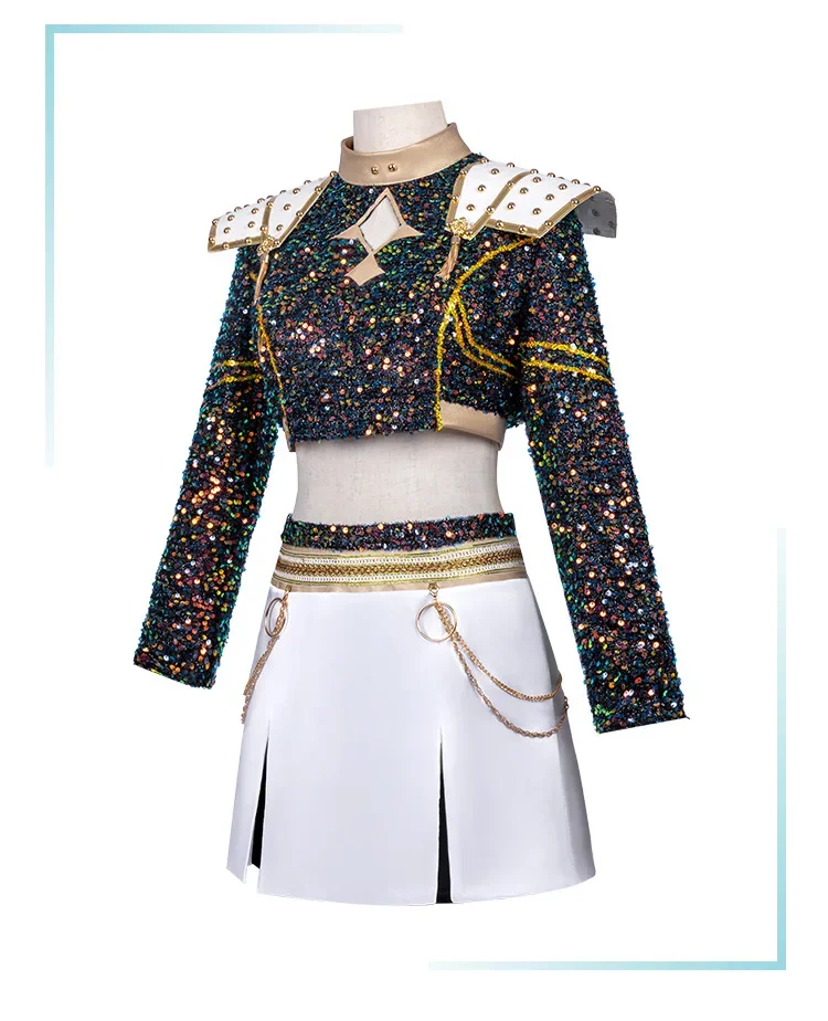 model wearing black gold cosplay suit