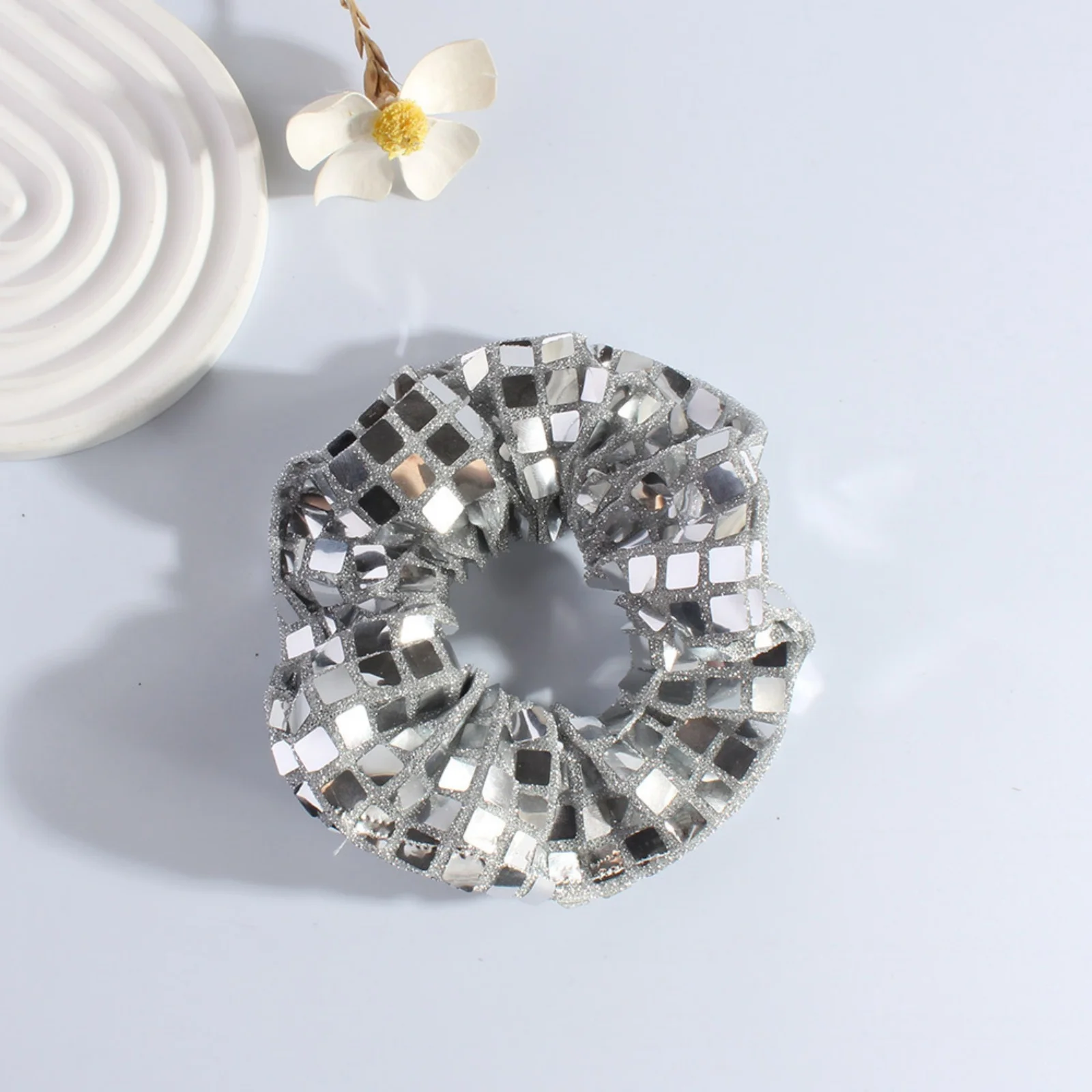 1PC Sparkling Mirror Tile Hair Scrunchies , Elastic and Glamorous Hair Ties for Women - Perfect for Party and Special Occasions