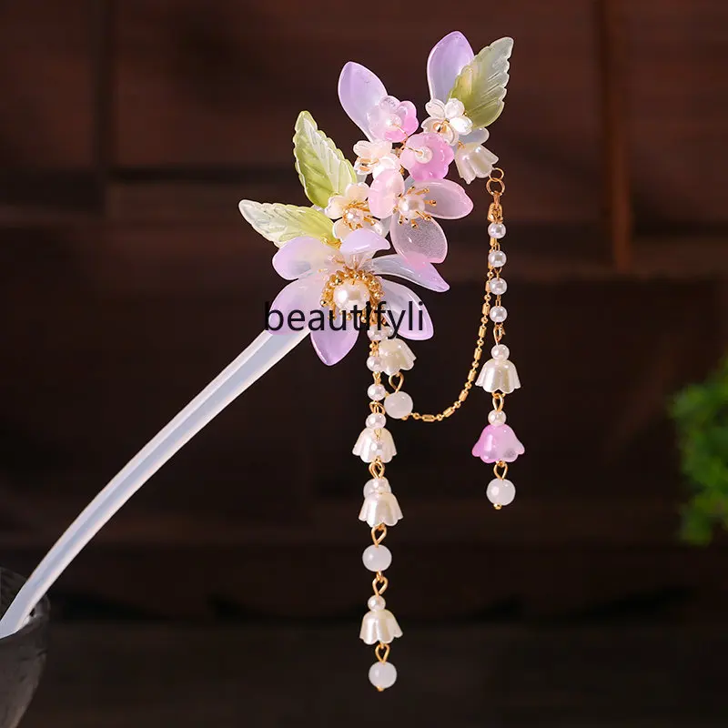 

yj Antiquity Hair Clasp Headdress for Han Chinese Clothing Classical Tassel Hair Clasp Fairy Handmade Glass Flower Hairpin