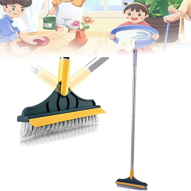 2 in 1 Floor Scrub Brush with Window Squeegee 120 Degrees Rotatable Long Handle Corner Gap Cleaning Brush for Cleaning Kitchen Bathroom Bathtub Tile