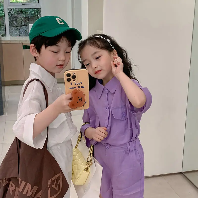 

2023 Summer Korean Style Kids Sets Cotton Hemp Shirt Short Sleeve Shorts Pockets Fashion New Design Soft Pretty Casual