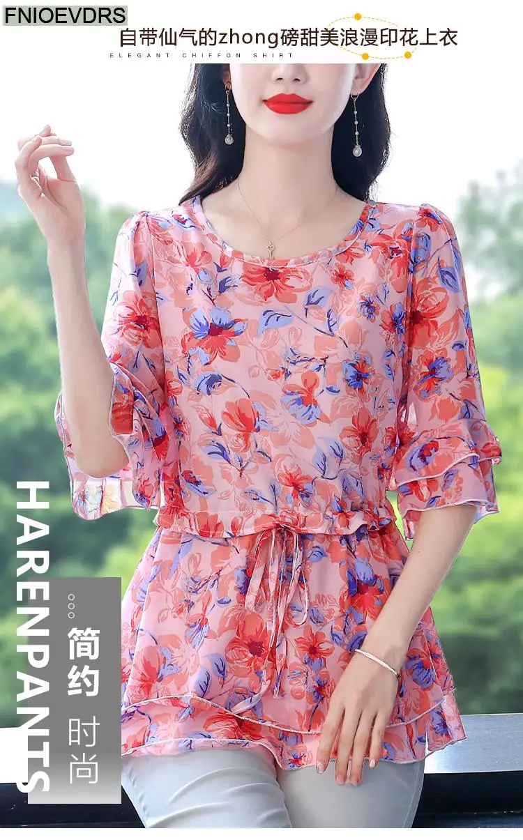 S-4XL Loose Clothes 2023 Women Summer Slim Waist Drawstring Ruffles Shirts Casual Chiffon Floral Tunic Peplum Tops And Blouses