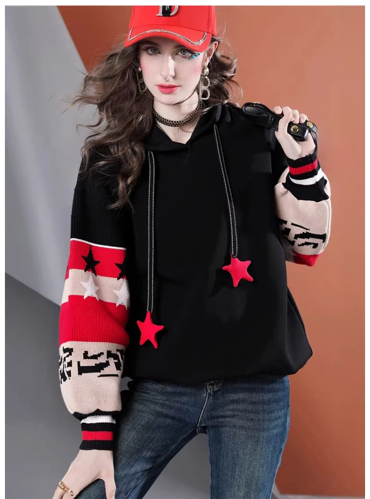 سترة نسائية بغطاء للرأس على شكل نجمة - سويت شيرت كبير الحجم مع رباط |   بلوفر كاجوال