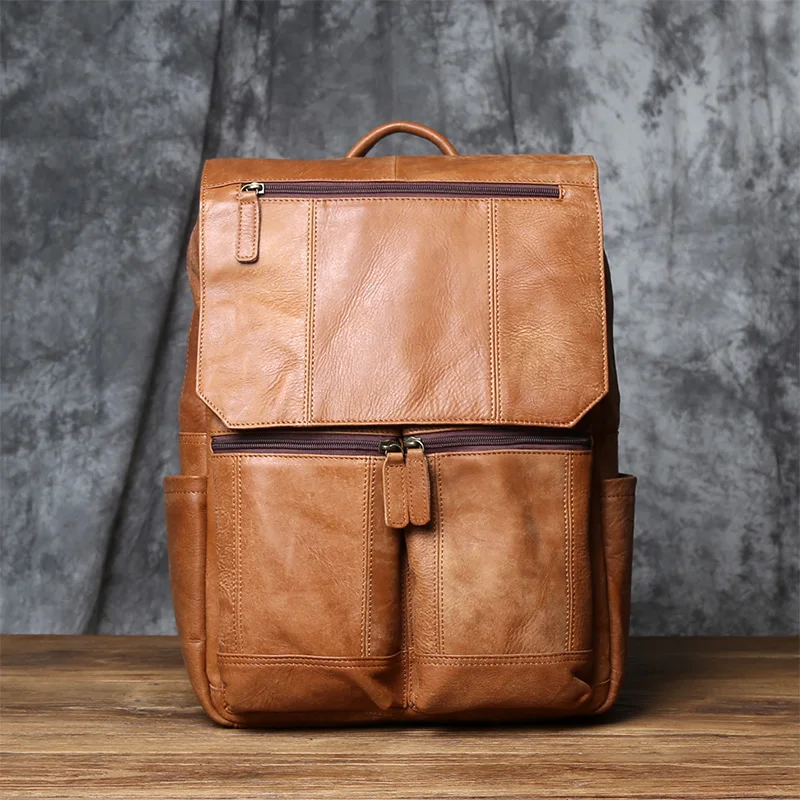 NZPJ Vintage Genuine Leather Men's Backpack Top Layer Cowhide Casual Backpack 16 "Laptop Bag Large Capacity Outdoor Travel Bag