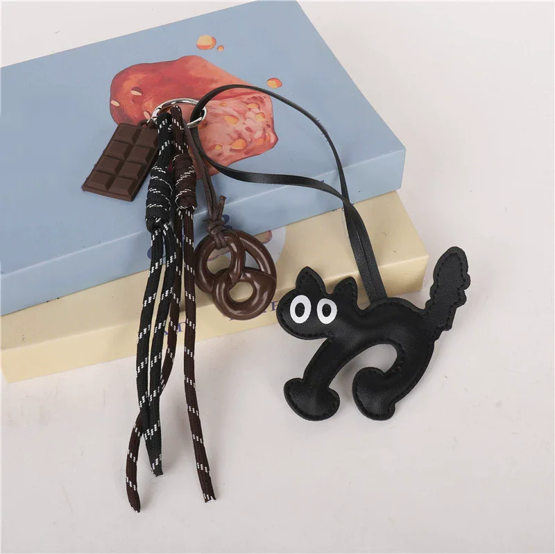 Creative Style Bread Car Keychain Bag Maillard Leather Dog Cat Chocolate Pendant Hand Woven Bag Hanging Charm Accessories