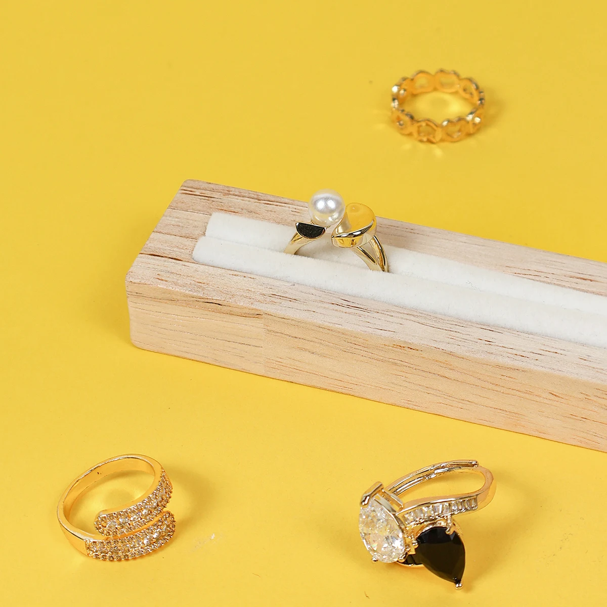 Elegant White Oak Ring Holder with French Velvet Lining - 1-Slot & 2-Slot Jewelry Display Stand