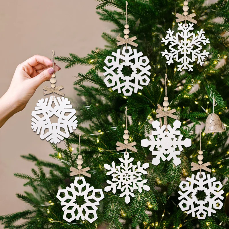 6pcs White Snowflakes Wooden Ornament Xmas Tree Hanging Pendants Christmas Decoration For Home New Year Holiday Crafts DIY Gift
