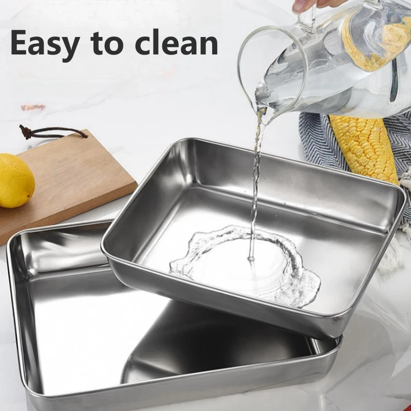 Storage Tray Kitchen Tray Bamboo Organizer Tray 2/3Pcs Thickened Stainless Steel Tray Large Capacity Food Storage Pan with Lid Commercial Dish Tray Freshing Lunch Box Container