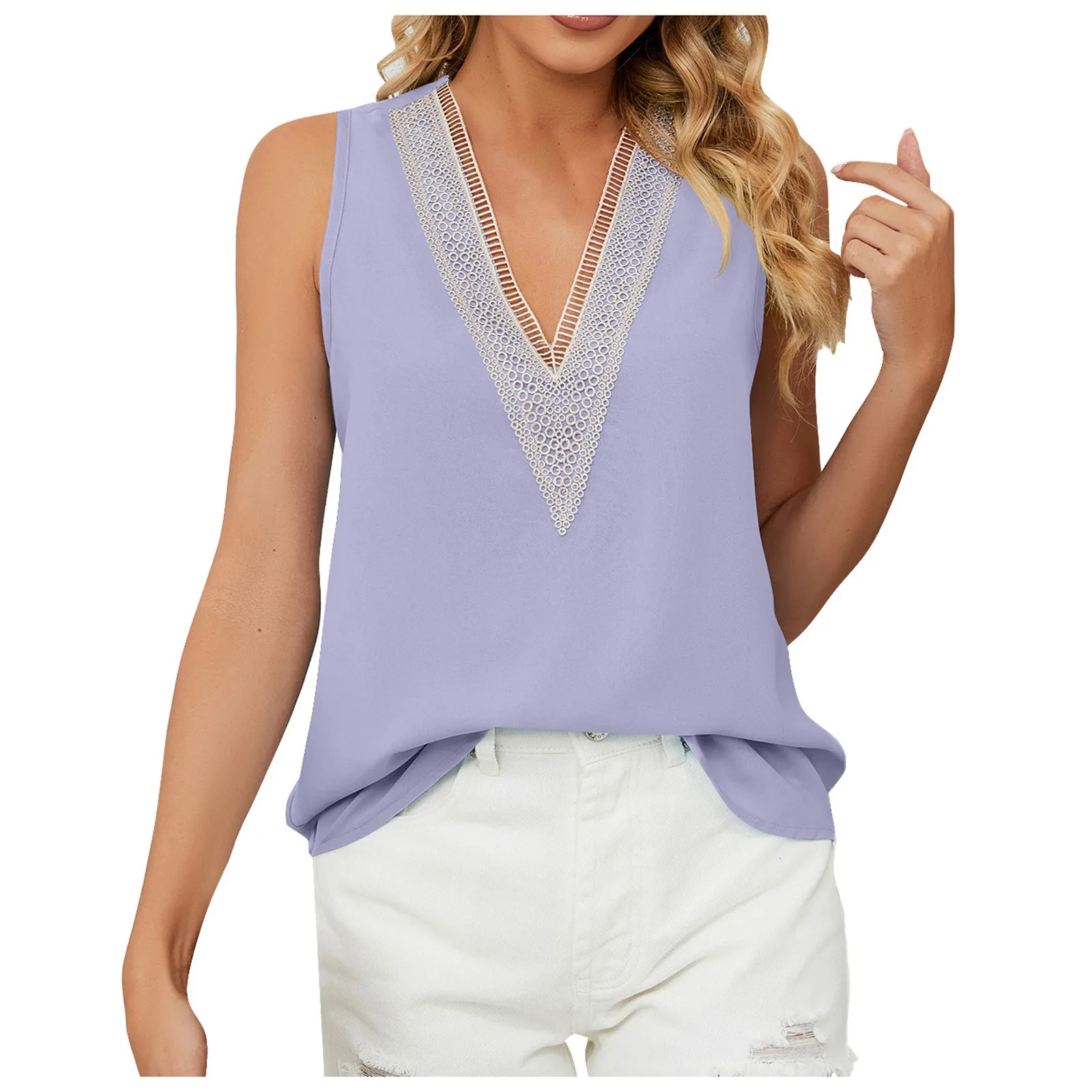 

Women Hollow Out V-Neck Shirts Summer Summer Casual Patchwork Sleeveless Tops Simple Solid Vest Office Ladies Business Tops
