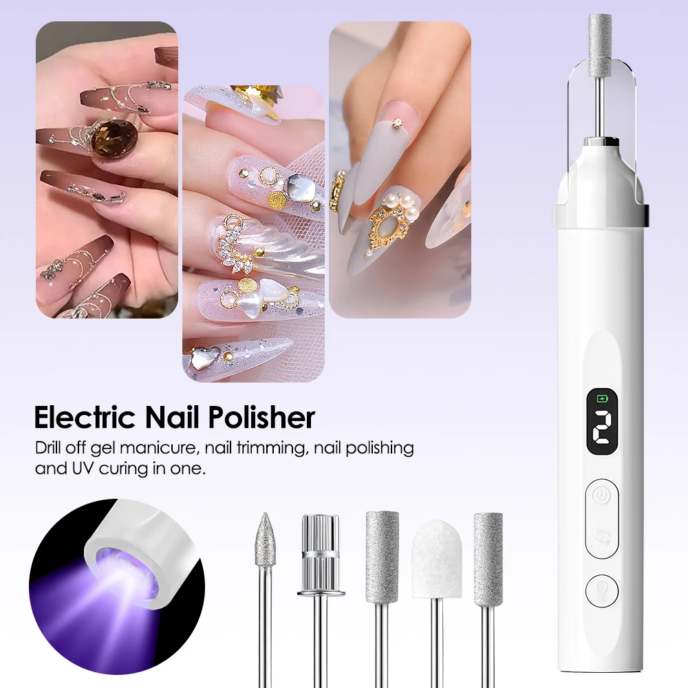 6 in 1 Electric Nail Polish Drill Machine With LED Light Cordless Electric Manicure Art Pen Tools Nail Grinder For Gel Remover