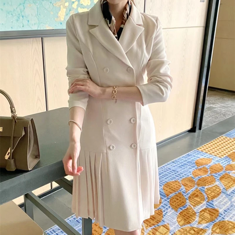 

Autumn Full Sleeve Pleated Blazer Dress Korean Fashion Solid Color Lapel Double Breasted Slim Office Lady Mini Suit Dress