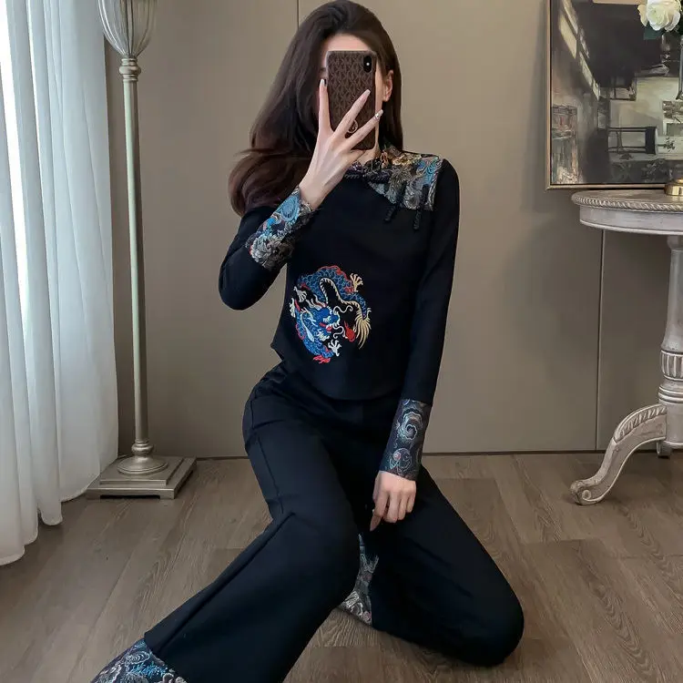 Spring and Autumn Fat MM Retro Chinese Style New Chinese Style Set Fashion Design Top+Wide Leg Pants Two Piece Set
