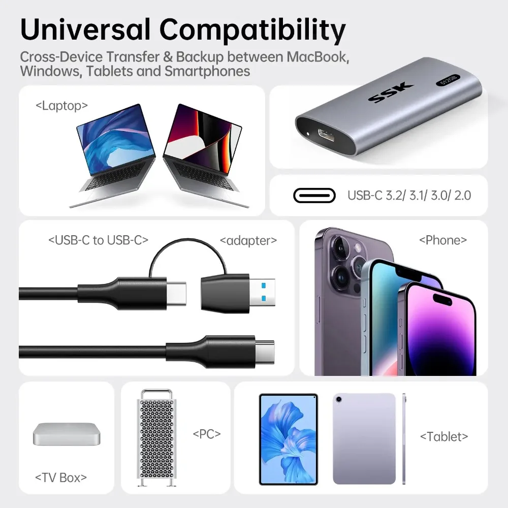 SSK SSD 외장 하드 드라이브 휴대용 알루미늄 인클로저 최대 550MB/s 빠른 속도의 솔리드 스테이트 드라이브 노트북 데스크탑 게임 콘솔용