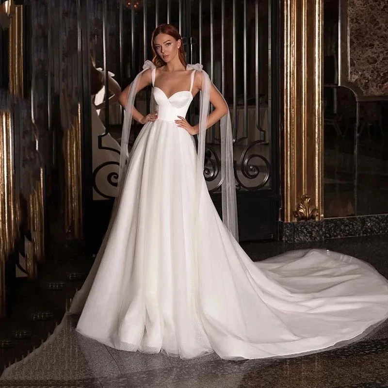 

Haohao 2024 Elegant Satin Wedding Dresses for Bride with Spaghetti Straps Ribbons Princess Backless Civil Bridal Gowns Cheap