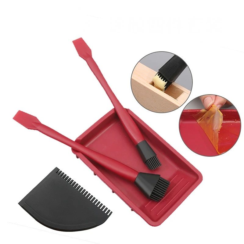 4Pc/set Washfree Silicone Brush Tool Kit Woodworking Soft Glue Brush Flat Scraper Glue Tray Wood Gluing Brushing Tools