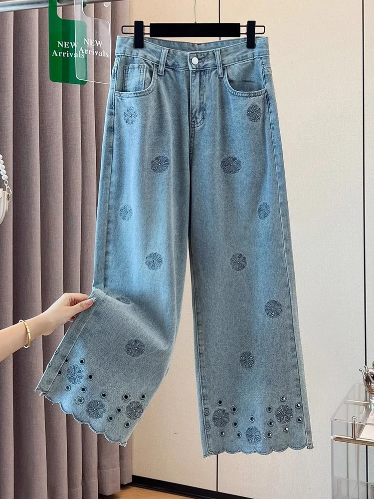 Light Embroidered High Waist Skinny Jeans Women Summer Thin Wide Leg Pants Straight Cut Slimming for Pear aped Body Nine Po...