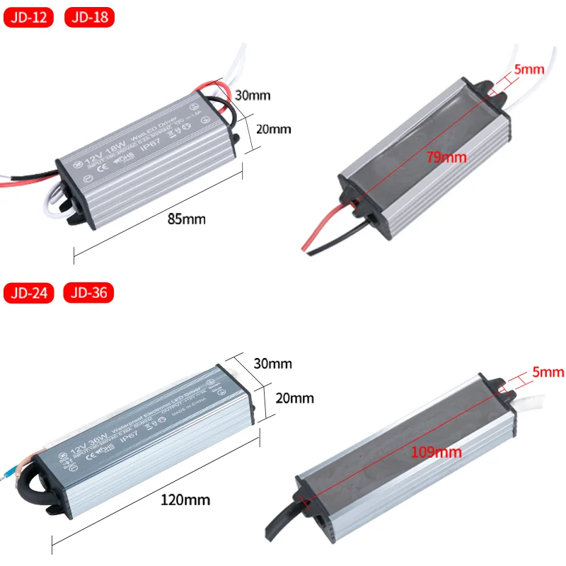 IP67 방수 LED 드라이버 스위칭 전원 공급 장치 12W 18W 24W 48W 60W 100W 200W 300W 400W 12V 24V 조명 변압기 어댑터