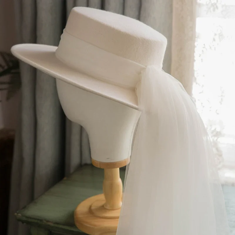 High quality white wool bow flat top hat French elegant fashion