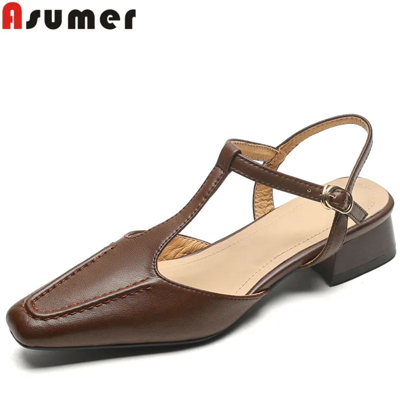 

ASUMER 2024 New Classics Genuine Leather Sandals Woman Buckle Square Med Heels Dress Shoes Ladies Slingbacks Summer Shoes