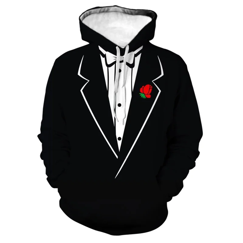 thumbnail image 1 of Sudadera con capucha de traje falso divertida con estampado 3D para hombre, esmoquin con patrón de pajarita, sudaderas casuales de manga larga para cosplay, sudaderas con capucha de calle, 1 of 5