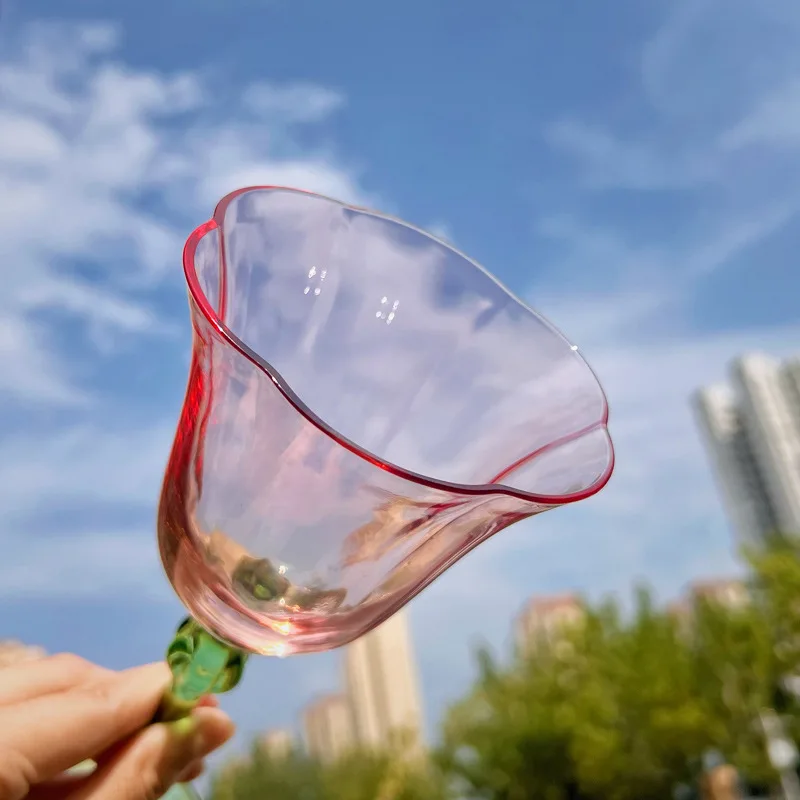 1 Piece Vintage Goblet 320ml Elegant Pink Flower Style Green Stem Two Tone Glass Goblet Red Wine Champagne Glasses Cup