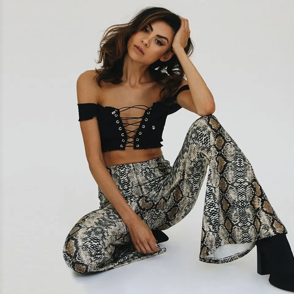 

New Best-selling Snake Skin Patterned Flared SportS Pants With HigH Waist And Long Legs For Women's boot cut pant Elasticity