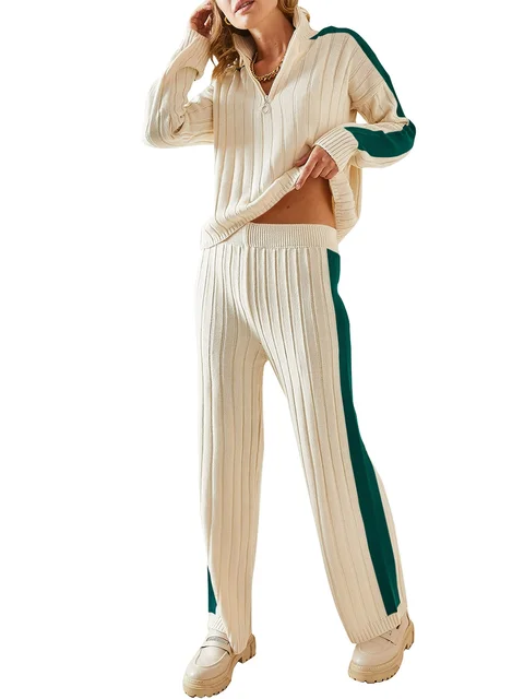 Womens 2 Piece Sweater Sets 2024 Autumn/Winter Half Zip Long Sleeve Pullover Wide Leg Pants Color Block Lounge Tracksuit Outfits 1