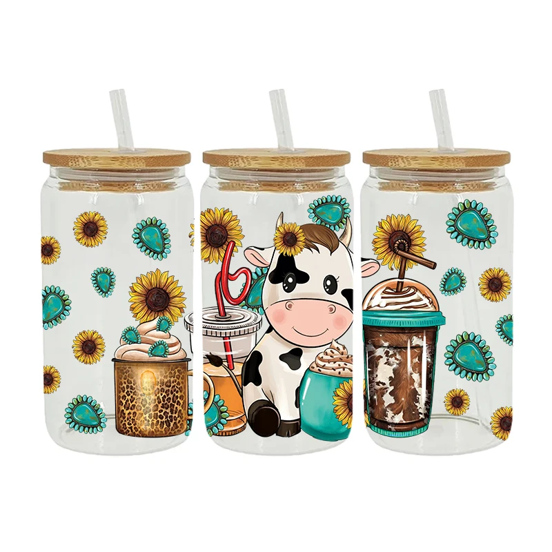 UV DTF Cats, cows, pigs Transfer Happy Juice Printed Sticker For The 16oz Libbey Glasses Wraps Bottles D3206