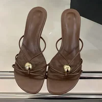 Aneikeh Fashion Low Thin Heels Design Narrow Band Women Slippers Narrow Band Round Head Sandal Mules Slides Shoes Zapatos Mujer - Image 3
