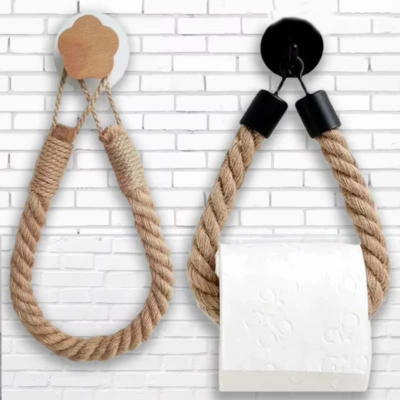 Toilet Tissue Roll Holder Creative Retro Paper Towel Ring For Household Storage Rack Self-Adhesive Wall Mounted Hanging Rope