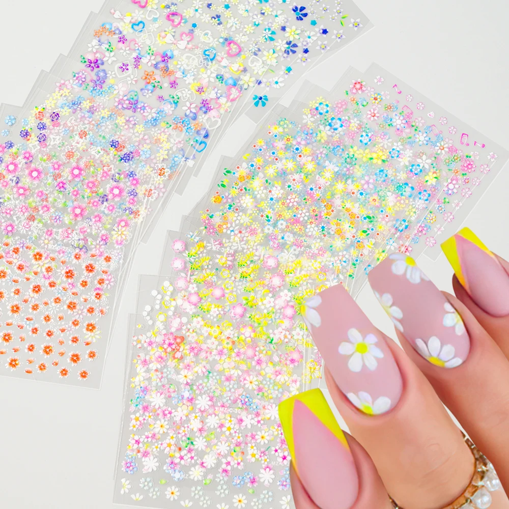 

30/50pcs Set Summer Daisy Flower 3D Nail Sticker Back Glue Transfer Colorful Florals Petals Sticker Decor For Nail Tips Beauty &