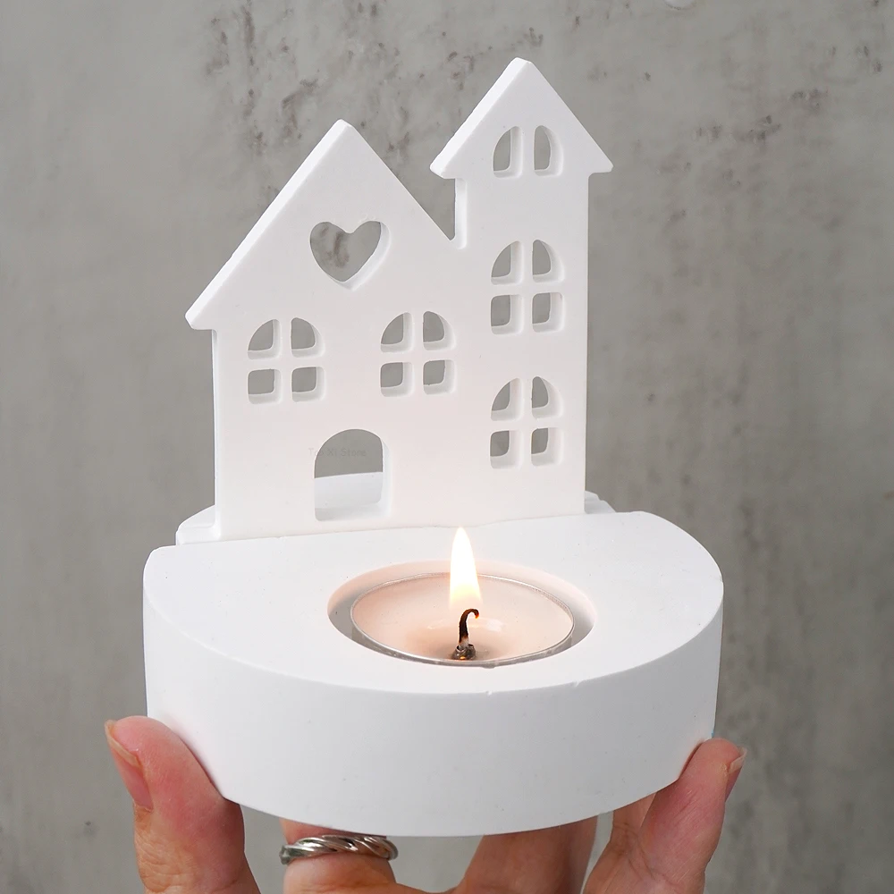 Love House Candle Holder Ornament Silicone Mold DIY Window Houses Tea Light Candlestick Molds Plaster Resin Crafts Making Mould