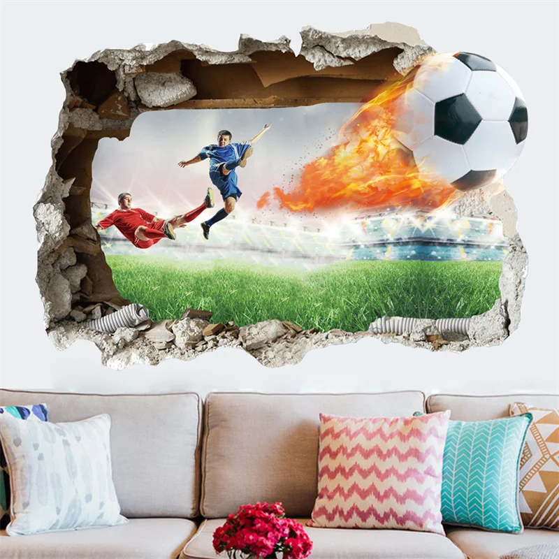 Description Picture 2 of item3D Broken Wall Football Wall Stickers Home Decoration For Boy Bedroom Decor Livingroom Self-adhesive Wallpaper Wallart Mural