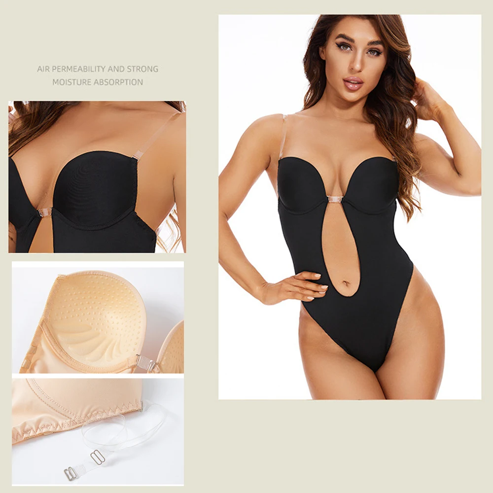 Women Thong Shapewear Bodysuit Shapers Underwear Backless Bodysuit Deep V-Neck Thong Body Shaper Bodysuit