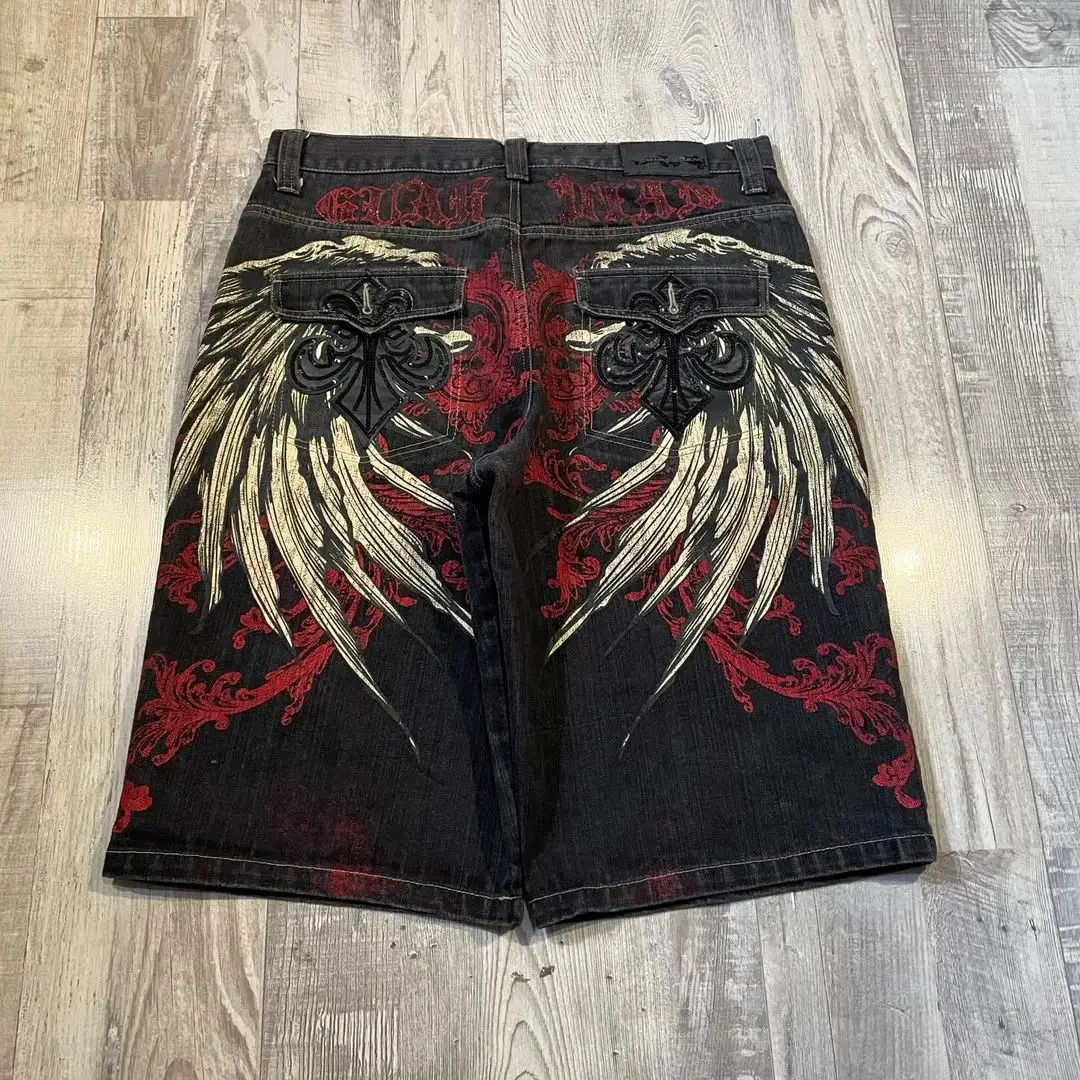 American Retro Y2K Cartoon Pattern Denim Shorts Men High Street Hip-Hop Loose Basketball Shorts Streetwear Sports Shorts Unisex